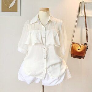 White Ruffle Pocket Button Up Shirt Blouse